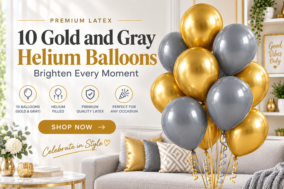 10 PCs Gold & Gray Latex Helium Filled Balloons
