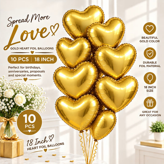 10 PCs Gold Heart Foil Helium Filled Balloons