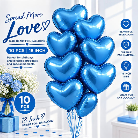 10 PCs Blue Heart Foil Helium Filled Balloons