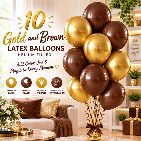 10 PCs Gold & Brown Latex Helium Filled Balloons