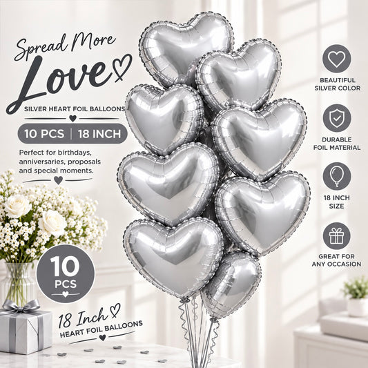 10 PCs Silver Heart Foil Helium Filled Balloons