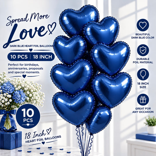 10 PCs Dark Blue Heart Foil Helium Filled Balloons