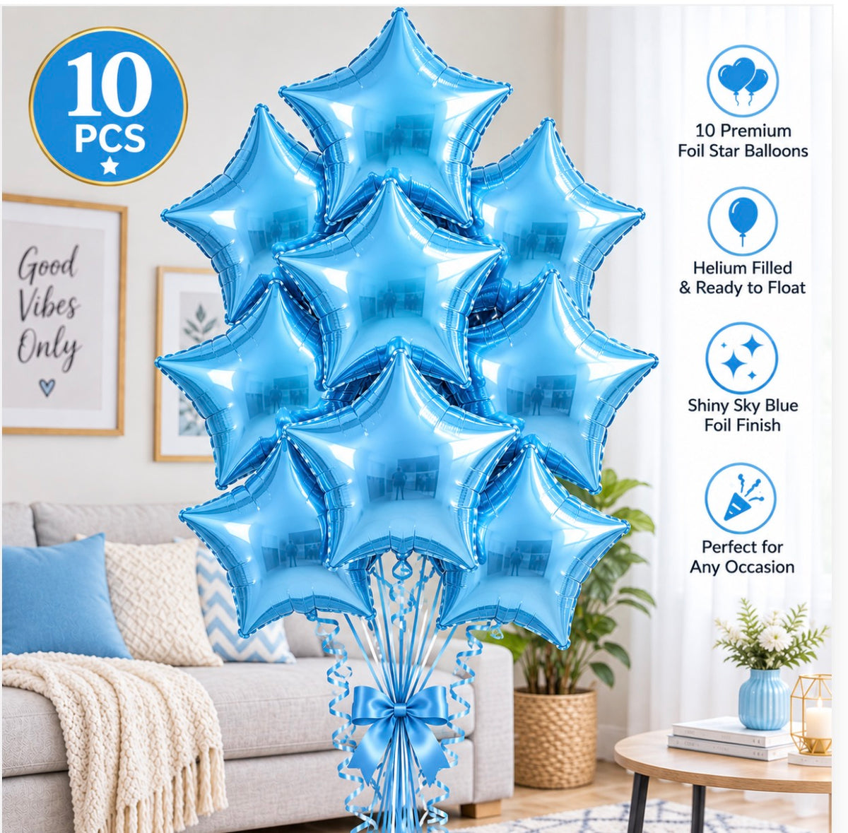 10 PCs Sky Blue Star Foil Helium Filled Balloons