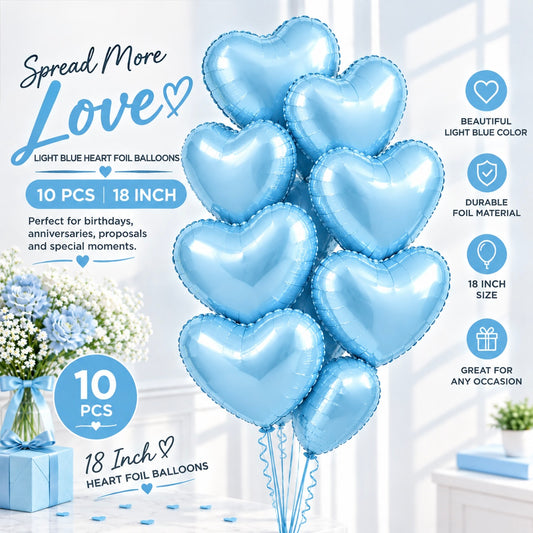 10 PCs Light Blue Heart Foil Helium Filled Balloons