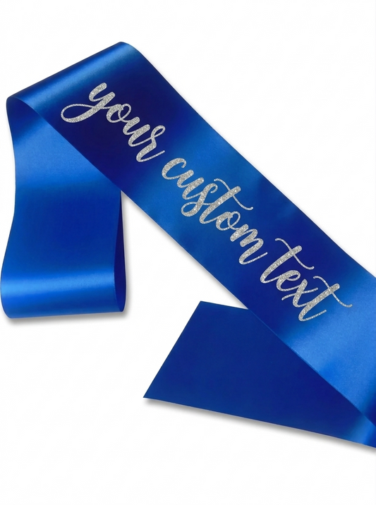 Custom Personalized navy blue Satin Sash with Glitter silver Cursive Text