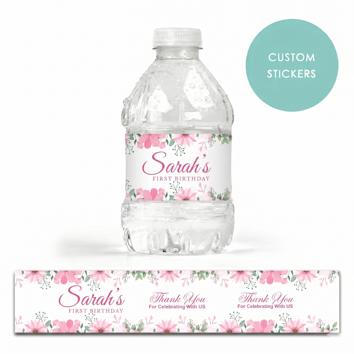 Personalized Custom Water Bottle Labels - 10pcs floral pink birthday