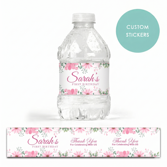 Personalized Custom Water Bottle Labels - 10pcs floral pink birthday