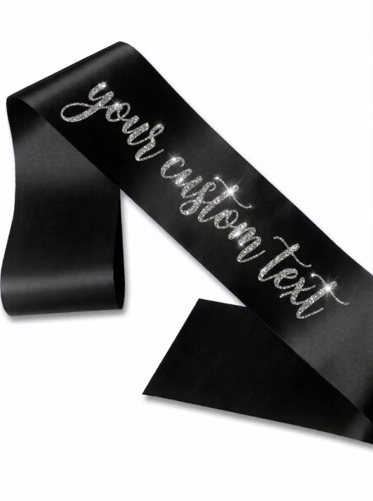 Custom Personalized black Satin Sash with Glitter silver Cursive Text