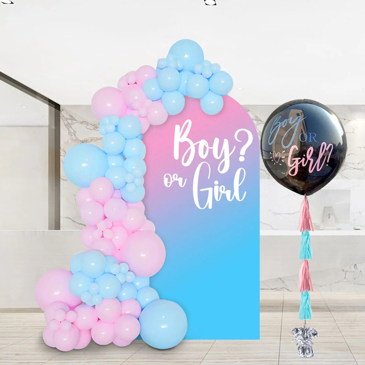 Gender Reveal Balloon Garland Backdrop Setup | Boy or Girl Theme Decor (Backdrop Rental Included)