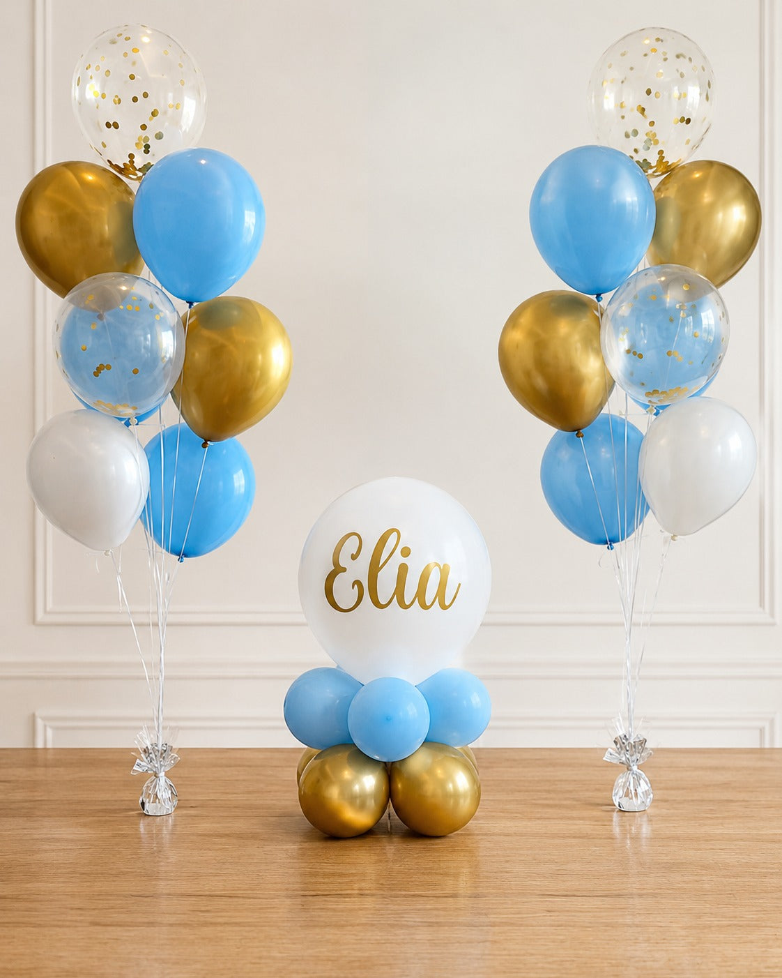 blue white gold personalized helium bunch