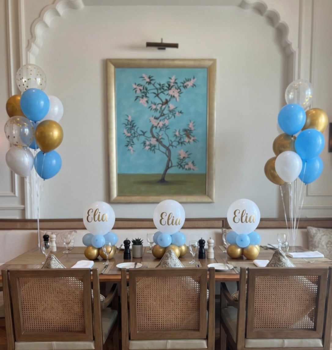 blue white gold personalized helium bunch with 3 table centerpieces and customization