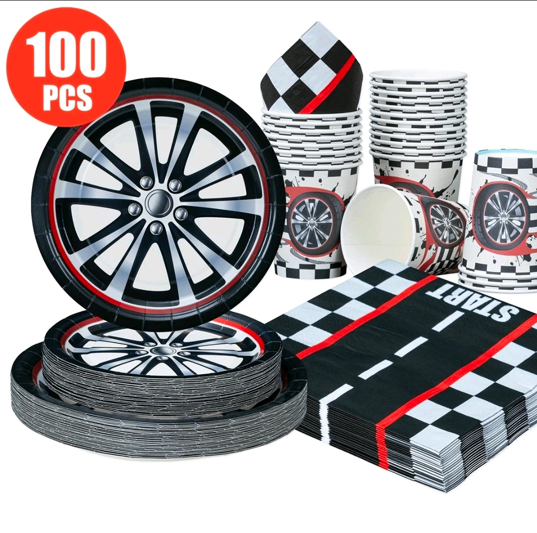 100pcs Racing Car Wheel Disposable Plate cup tableware set serves 25