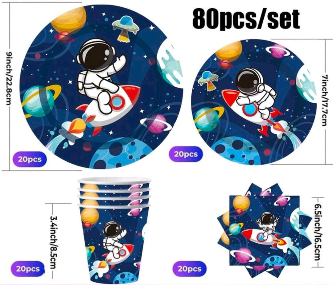 80pcs Cartoon Astronaut Space Theme Disposable Party Supplies Set tableware plate cup set serves 20