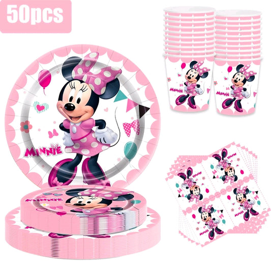 50pcs Disney Mickey Mouse Cartoon Character Party Tableware Set, plate cup set serves 10