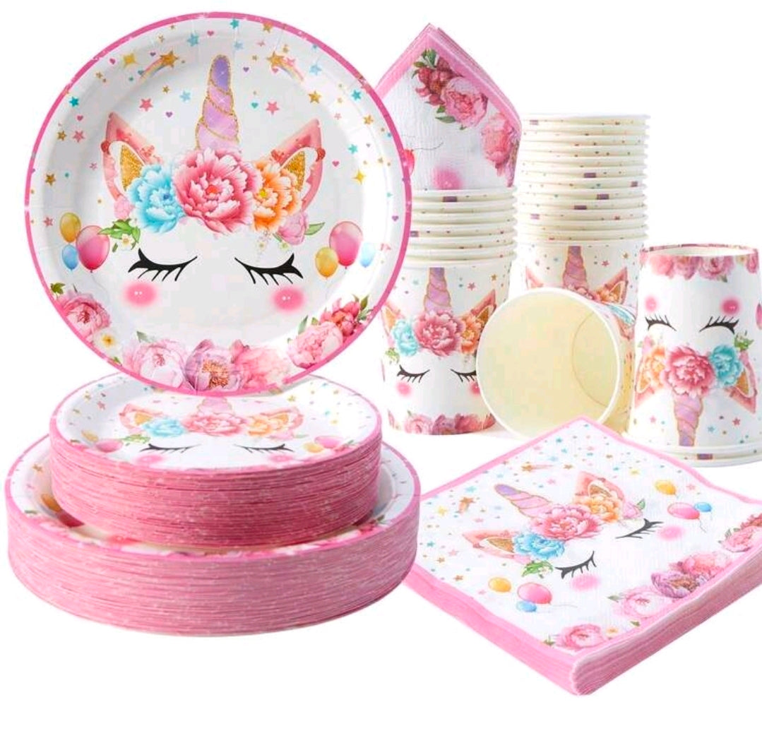 Floral Unicorn Disposable Plates Napkins Cups, Floral Unicorn Plates Napkins And Cups Tableware serves 25