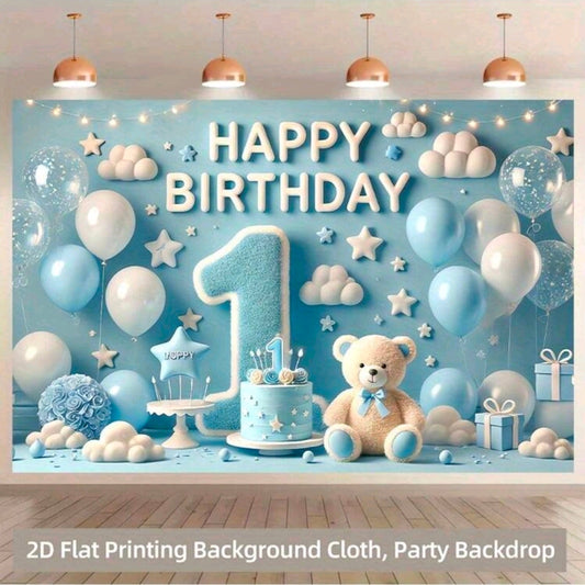 First birthday backdrop teddy poster light blue  210x300cm