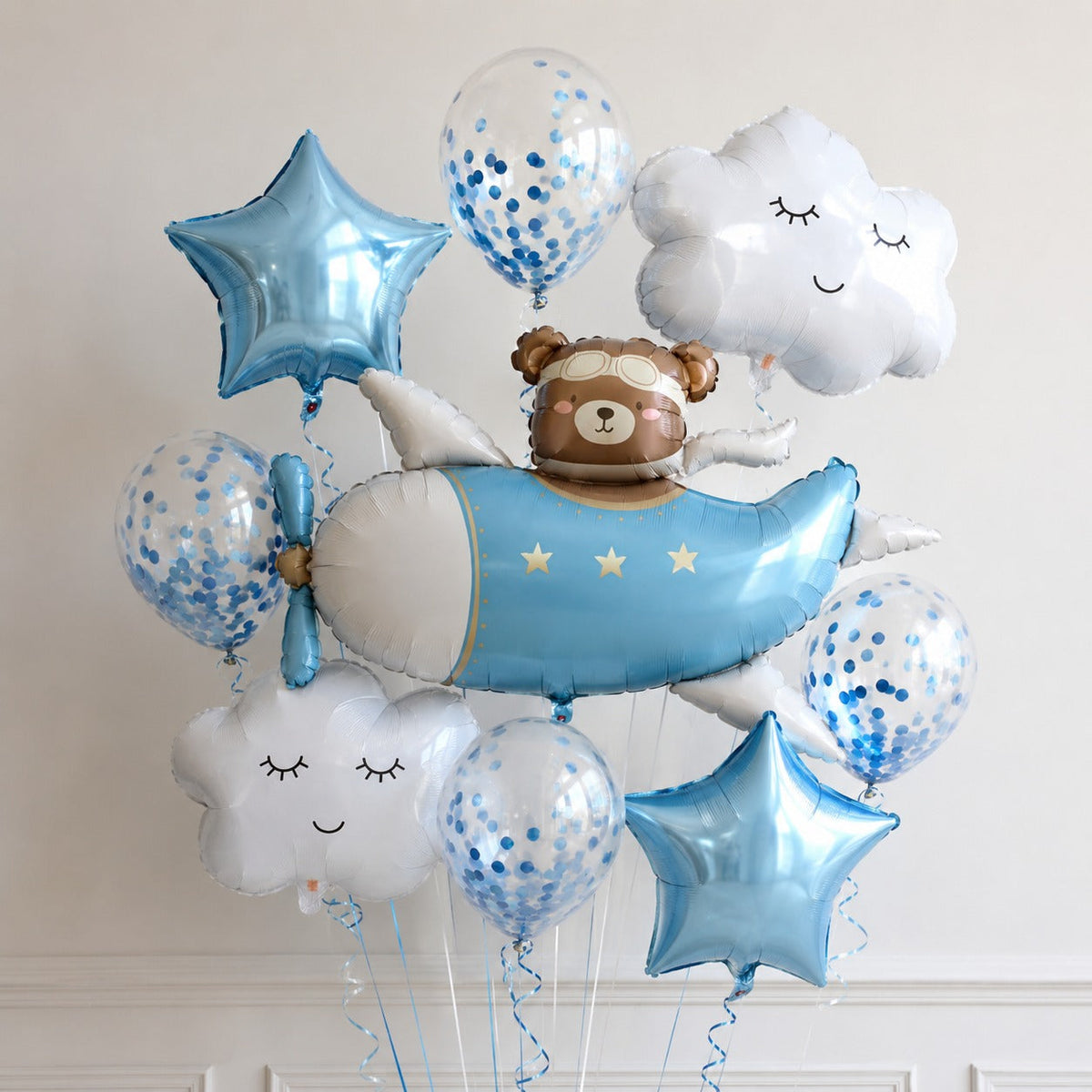 kids teddy aeroplane sky theme helium bunch
