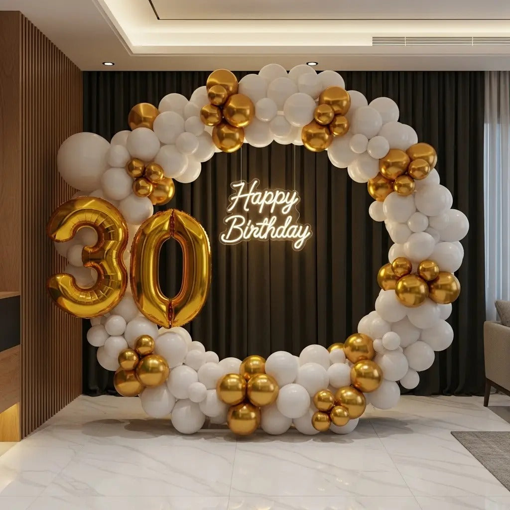 Elegant Ring Stand Balloon Arch Setup with Neon Light